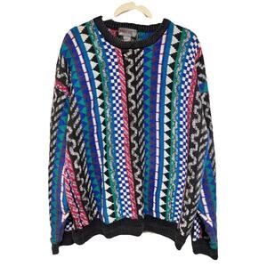 VTG Mache Mens Sweater L Multicolor Geometric Heavyweight Pullover 90s Colorful